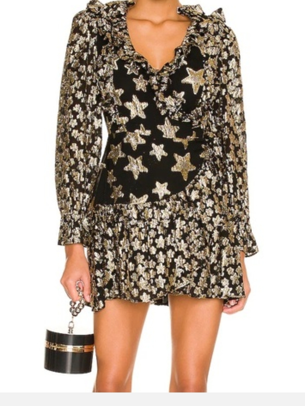 LoveShackFancy Black and Gold Star-Print Long Sleeve Ruffle Mini Dress